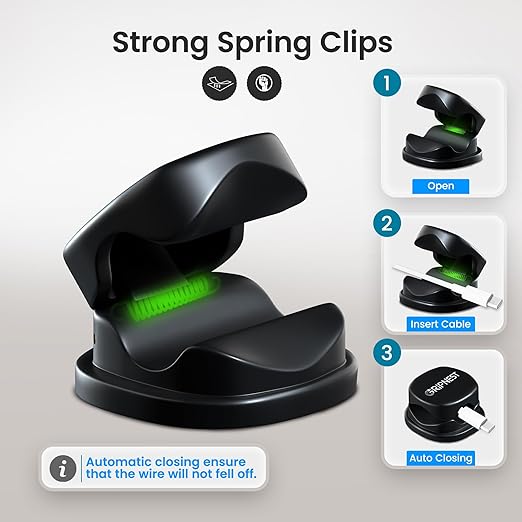 6 Pack Adhesive Cable Clips Black Spring Loaded Cord Holders for Nightstand, Desk, Wall, Car, or Bedside Ideal Charging Cable Organizer for Home or Office Setup