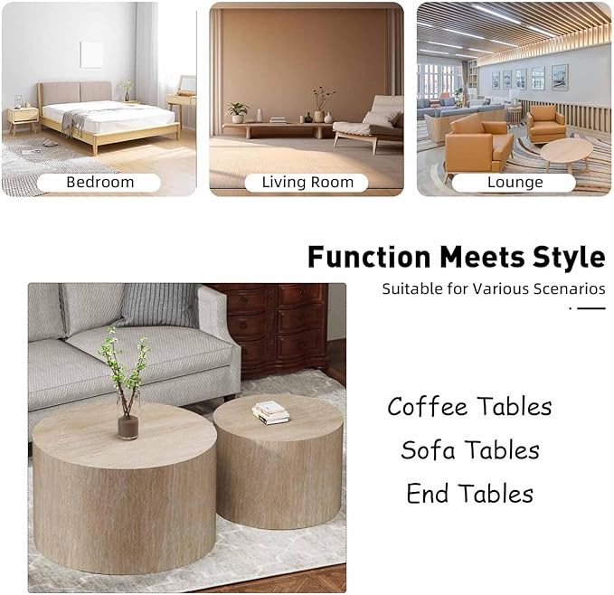 Modern Round Nesting Coffee Table Set of 2, Vertical Stripe Design Drum Coffee Table Cocktail Table, Round Side Table for Living Room, Bedroom, Office, Balcony (B19.68+26.77")
