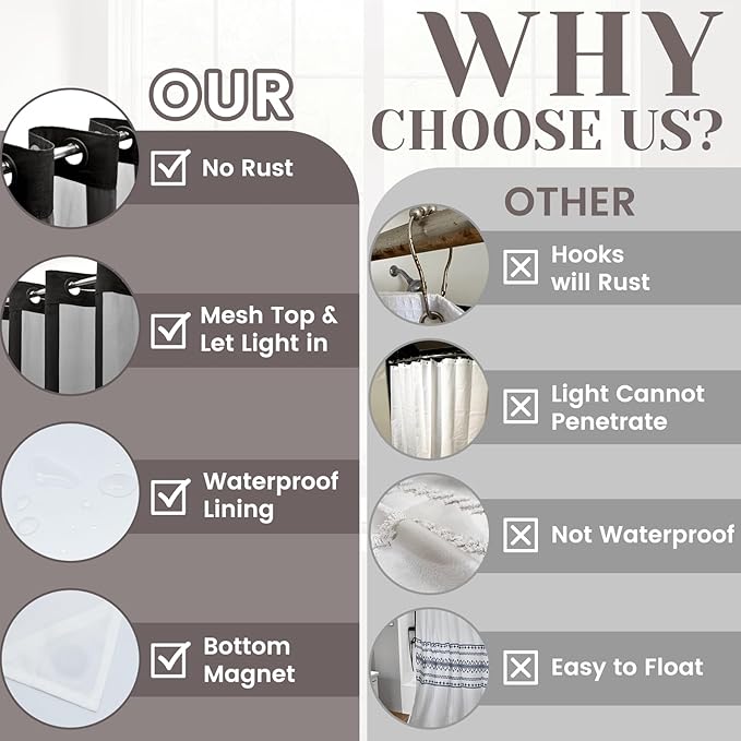 No Hook Slub Textured Shower Curtain with Snap in Liner - Black Fabric Outer Curtain & Waterproof Inner Liner, Hotel Style with See Through Top Window, 71x80 in