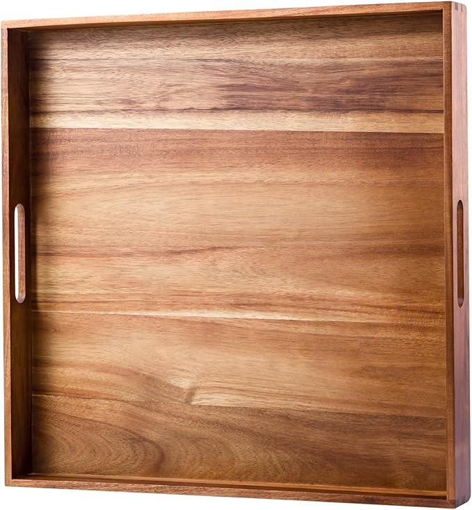 Serving Tray with Handles, 20 Inch Large Square Ottoman Tray Acacia Wood Decorative Tray for Living Room, Ottoman Coffee Table, Kitchen, Appetizers, Breakfast, Patio, Party