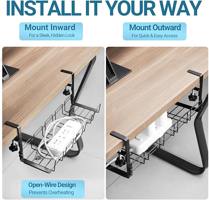 Under Desk Cable Management Tray, 15.7'' Metal Wire Organizer with Clamp, No Drill Desk Cord Rack for Cable Management, Computer Wire Organizer for Office and Home – Sturdy & Scratch-Free