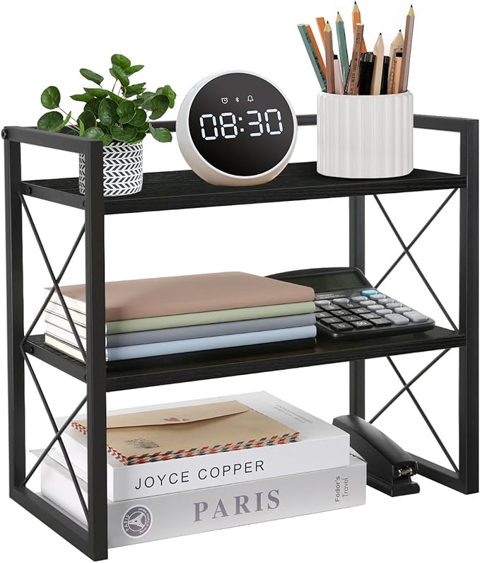 YINMIT Desktop Shelf Organizer, 2 Tier Office Shelves, Wood Desk Organizer Storage Rack and Freestanding Display Shelf for Office, Dormitory, Home(Black)