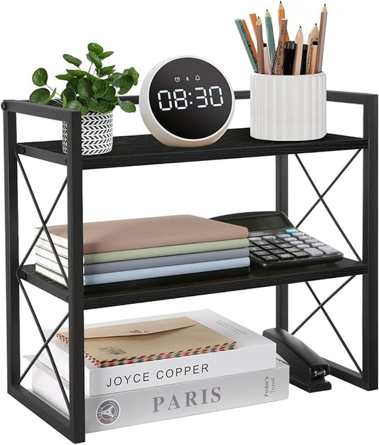 YINMIT Desktop Shelf Organizer, 2 Tier Office Shelves, Wood Desk Organizer Storage Rack and Freestanding Display Shelf for Office, Dormitory, Home(Black)