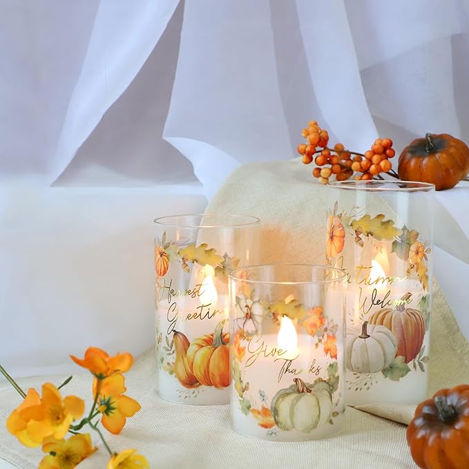 Fall Decor Flameless Candles with Remote Thanksgiving Gift Set of 3 Autumn Theme Autumn Ornament LED Home Decor Battery Operated Timer Pumpkin Maple Leaves Painting Harvest