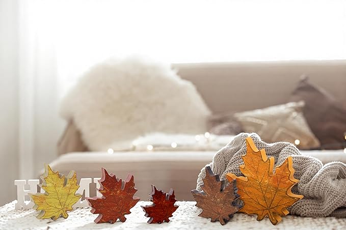 5pcs Fall Decorations for Home – Wooden Maple Leaves Set for Thanksgiving Table Centerpieces, Autumn Tabletop, Office Desk Decor