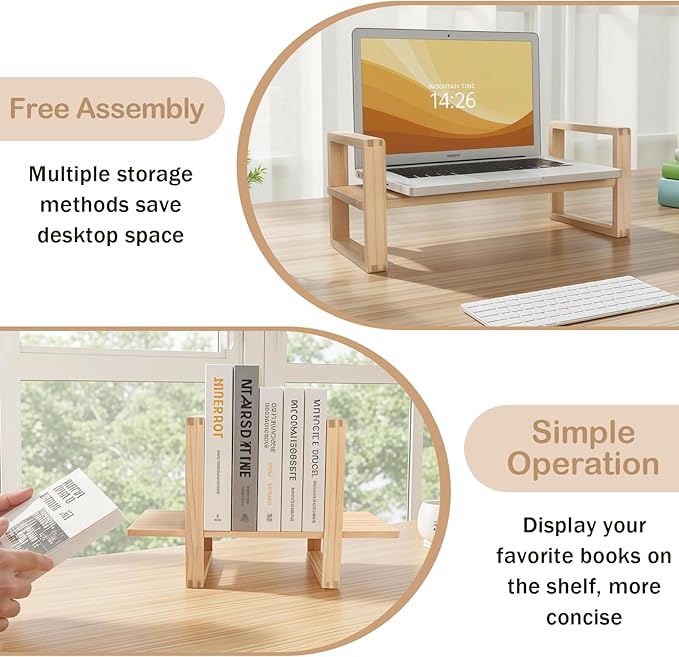 Upgraded Desktop & Off-Surface Shelves, No Tools Assembly Interlocking Joints for Enhanced Stability, Solid Pine Wood, 130lb Load Capacity for Office, Books, Bathroom Storage