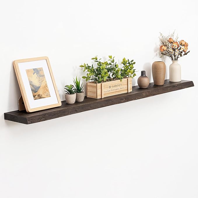 Floating Shelves, 8" Deep Rustic Solid Wood Wall Mounted Floating Shelves, Wall Shelves with Invisible Bracket for Living Room Bathroom Bedroom Kitchen, 55 Inch, Walnut