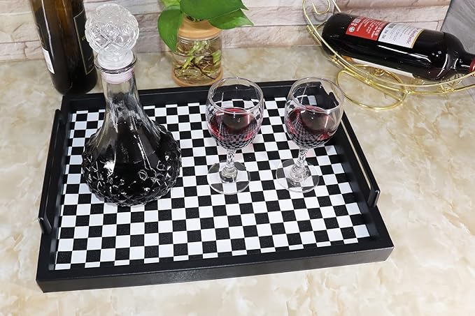 MCBZ Living Room Coffee Table Decorative Tray, Food Service Tray, Leather Ottoman Tray,with Metal Handles 16.5 x 12.6 in (Black and White Grid)