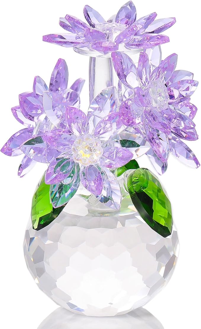 Enjinkail Handmade Crystal Daisy Figurine - Purple Glass Flowers Gifts for Women, Elegant Home Decor & Table Centerpiece