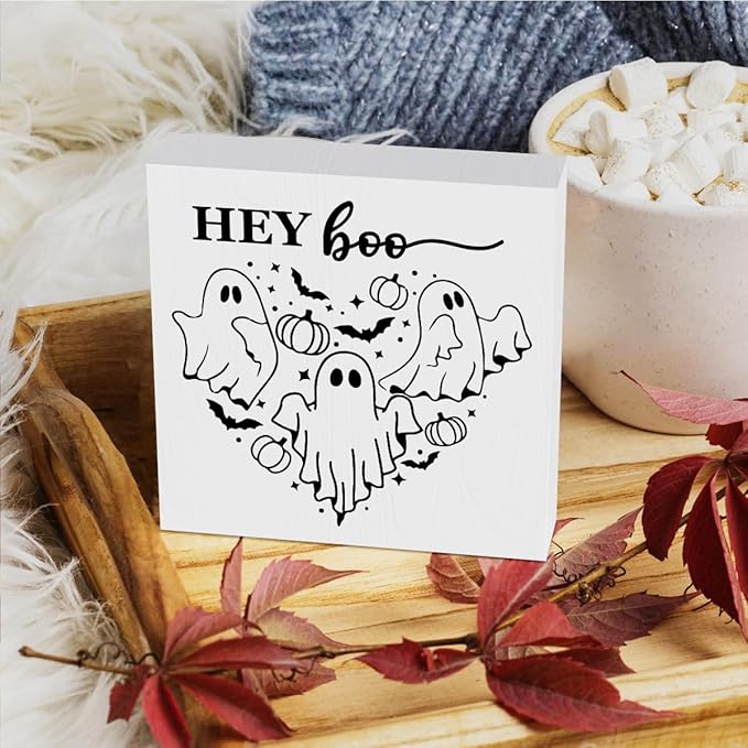 HTBIG Funny Halloween Pooky Ghost Decor Office Wood Box Sign Home Rustic Farmhouse Square Desk Decor Sign for Shelf Room Desk 5 x 5 Inch