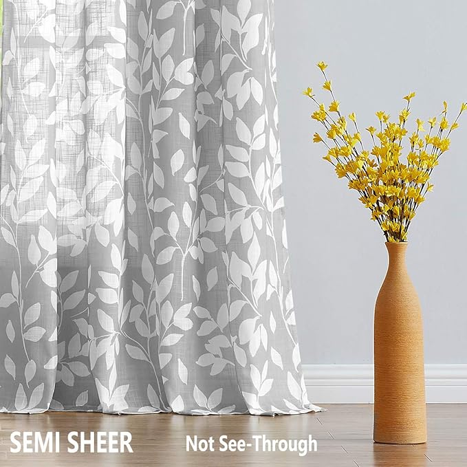Treatmentex Grey Semi-Sheer Curtains for Bedroom 95" Long White Leaf Print Curtains for Living Room Grommet Top Window Panels, 1 Pair