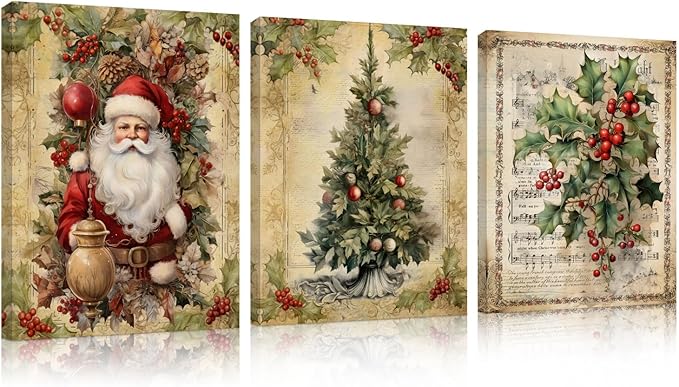 DSHFG Vintage Christmas Wall Art Xmas Decor, Santa Claus Decor Retro Christmas Tree Canvas Wall Art for Home Bedroom Living Room Office, Housewarming Gifts for Women, 14x11 Inch Framed