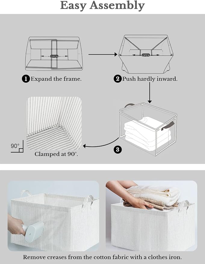 StorageWorks Storage Bins, Fabric Storage Bins for Shelves, Storage Baskets with Metal Frame, Closet Baskets and Bins with Handles, Khaki and Beige Stripes, 2-Pack