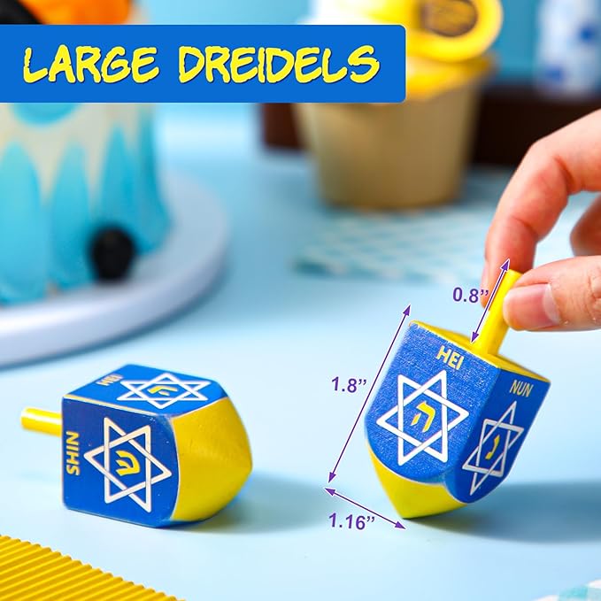 2 Pcs Hanukkah Dreidels Game Toy Extra Large Wooden Dreidel for Hanukkah Decoration with English Transliteration, Forever Spinning Tops Party Favors(Hexagram)