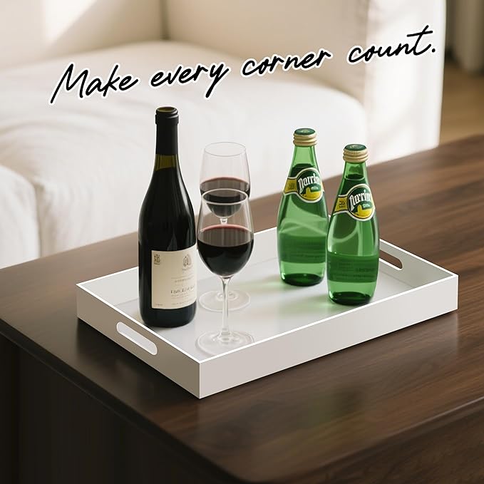 Glossy White Acrylic Serving Tray with Handles-Butler Trays for Coffee Table, Snacks,Breakfast in Bed, Kitchen Countertop,Vanity,Makeup Organizer,Ottoman (White, 12x20 Inches)