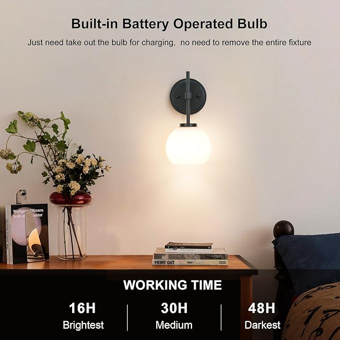 Black Wireless Rechargeable Wall Sconces with Remote Control, Battery Operated Wall Sconce Set of 2, LED Dimmable Wall Lights with Opal White Glass Shade, 12 Colors RGB & 3 CCT Bulb