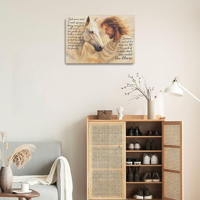 Horse Wall Art Christian Jesus Canvas Wall Decor Scripture Pictures Christ Paintings Prints Religious Bible verse Artwork Framed Decorations For Church Prayer Room Bathroom Bedroom Living Room Gifts 24" x 16"