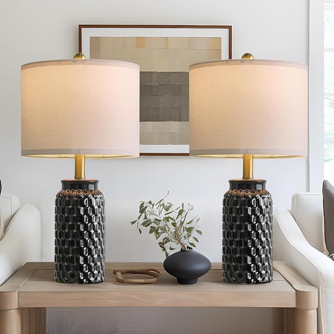 20.5" Black Modern Ceramic Bedside Lamp Set of 2 for Bedroom Decor Farmhouse Table Lamp for Living Room Office Dorm