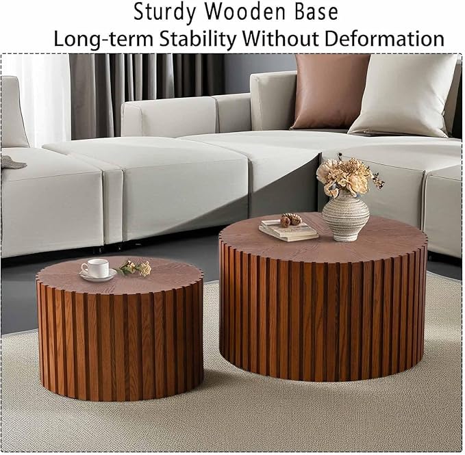 Modern Round Nesting Coffee Table Set of 2, Vertical Stripe Design Drum Coffee Table Cocktail Table, Round Side Table for Living Room, Bedroom, Office, Balcony (J19.7+27.6")