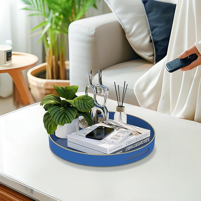 MAONAME 13" Blue Round Tray, Navy Serving Tray with Handles, Modern Decorative Tray for Coffee Table, Plastic Tray for Ottoman, Bathroom, Decor