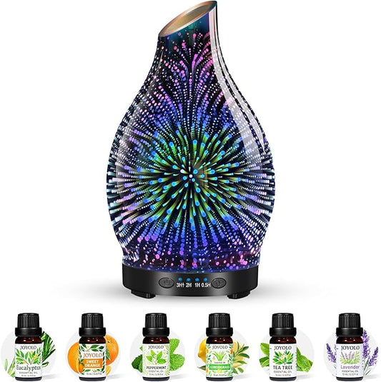 Essential Oil Diffuser & Essential Oils Set, Glass Aromatherapy Diffuser with 7 Color LED Lights and Auto-Shut Off, Cool Mist Diffuser for Home with 6 Essential Oils