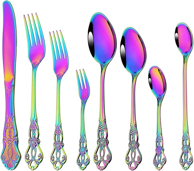 Elegant Rainbow Silverware Set with Steak Knives 5 Piece Flatware Sets for 1 Utensils, 18/10 Stainless Steel Colorful Cutlery Set Include Knifes Forks Spoons, Mirror Polished Dishwasher Safe