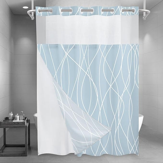 No Hook Light Blue Striped Long Shower Curtain with Snap in Fabric Liner Set - Hotel Shower Curtain and Liner Set with See Through Mesh Top Window,Machine Washable, 71x86 INCH
