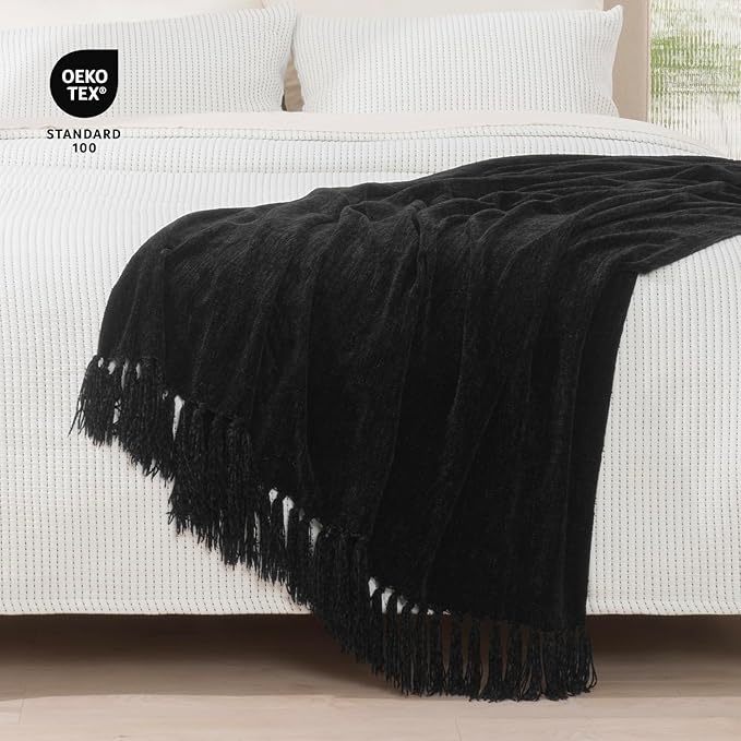 RECYCO Throw Blanket Soft Cozy Chenille Throw Blanket with Fringe Tassel for Couch Sofa Chair Bed Living Room Gift (Black, 60" x 80")