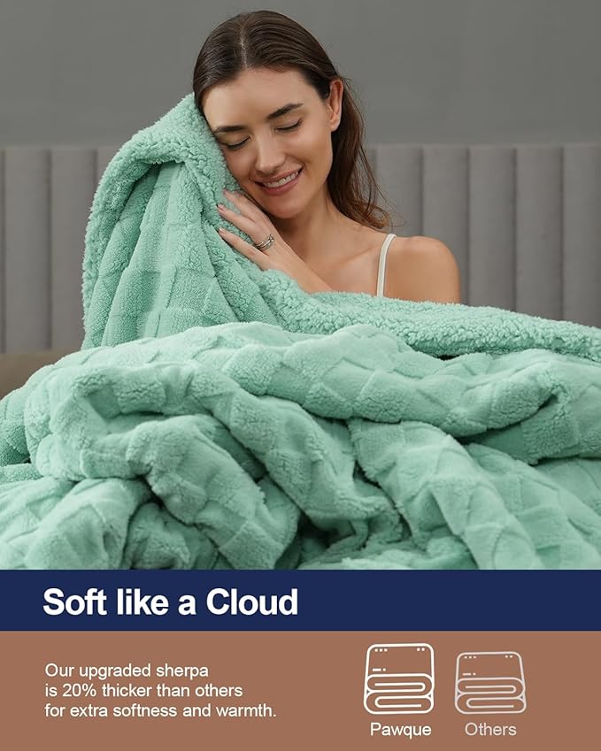 Pawque Super Soft Cozy Throw Blanket King Size for Couch Bed, Fluffy Sherpa Fleece Reversible Thick Warm Fuzzy Blanket for All-Season, 3D Checkered Jacquard Decorative Blankets, Sage Green, 108"x90"