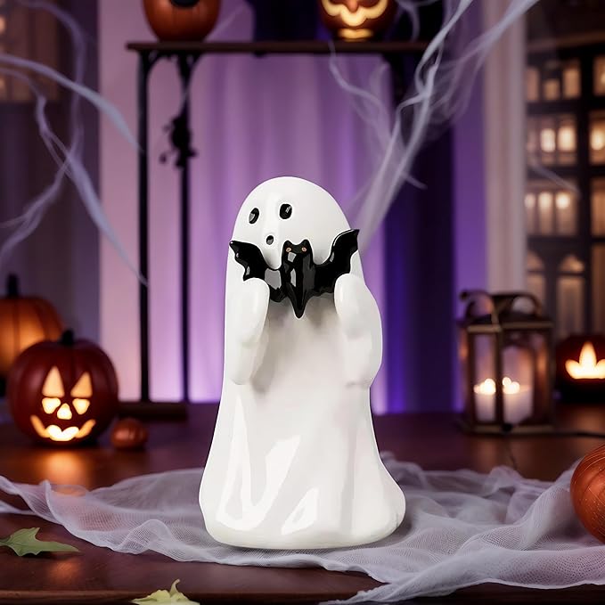 Halloween Cute Ghost Figurine with Black Bat– Resin Mini Ghost Statue for Spooky Home Decor, alloween Ghost Decor for Table, Shelf, Desk, Mantel