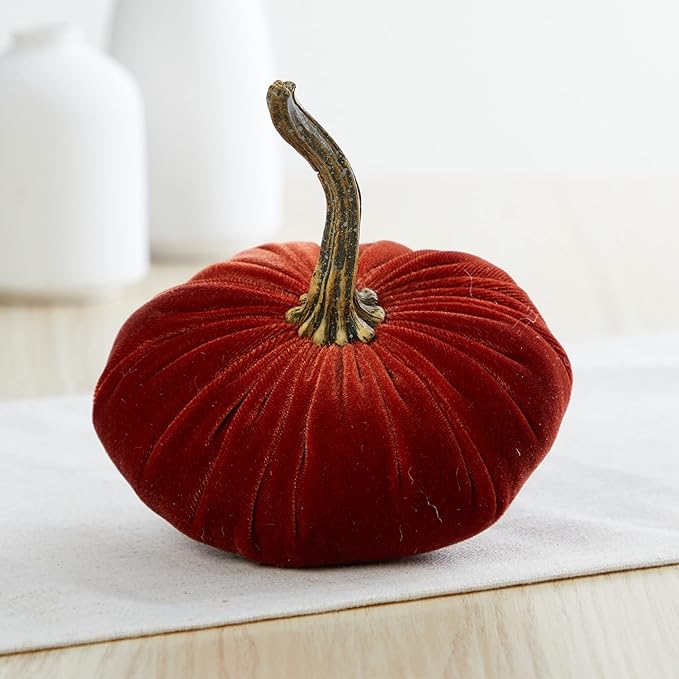 Your Heart's Content Small Velvet Pumpkins Set of 4, Luxury Velvet Fall Home Decor, Orange Pumpkin Accent, Halloween Centerpiece, Autumn Wedding Centerpiece (Sm Rust Harvest Bronze Tangerine)