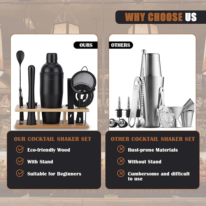 Bartender Kit 11-Piece Cocktail Shaker-Muddler for Cocktails 25oz Boston Shaker-Bar Accessories with Stylish Bamboo Stand Mix Drink Shaker kit Perfect Martini kit with Cocktail Recipes Booklet