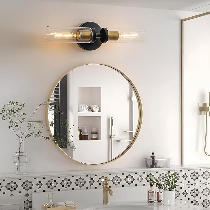 KSRYSZCQ Wall Sconces Set of 2 Black and Gold Bathroom Sconce Modern Vanity Light Fixture with Clear Glass Sconces Wall Decor Set of 2 for Living Room Mirror Bedroom Hallway Stair