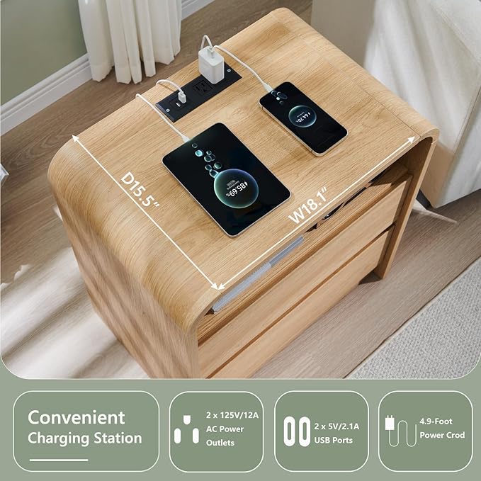 25" Tall Modern Nightstand with Charging Station, 23.6'' Wide Wood Bedside Table w/2 Storage Drawers, Large Mid Century End Table for Bedroom, Living Room, Curved Profile Design,Natural Oak