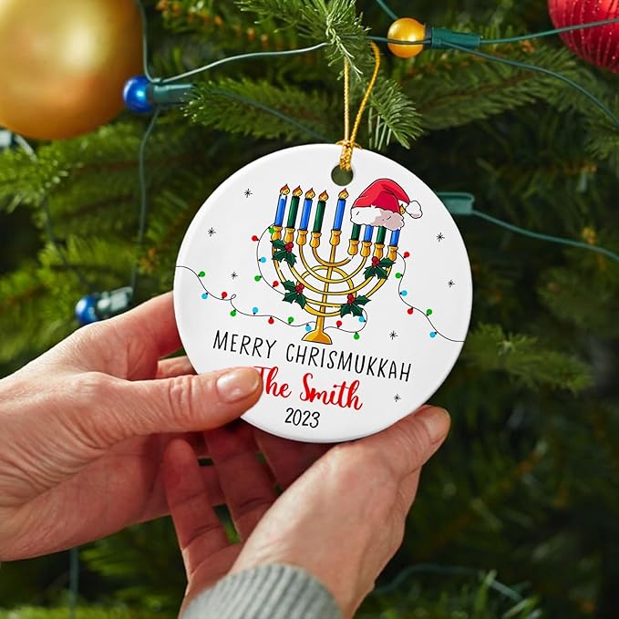 Hanukkah Holiday Christmas, Merry Chrismukkah 2025 Ornament, Personalized Chrismukkah, Hanukkah Ceramic Ornament, Custom Name & Year Christmas Tree Decor, Jewish and Christian Ornament