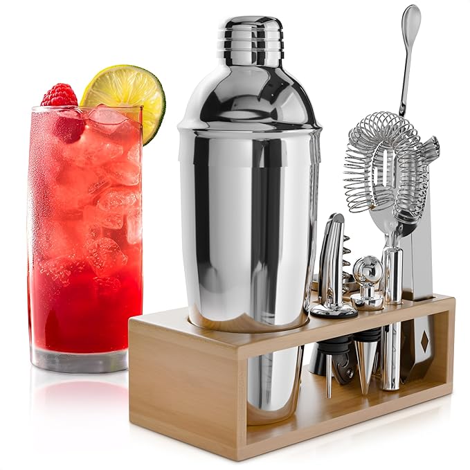 Bar Tool Set – Stainless Steel Mixed Drink Shaker Set with 10 Accessories, Durable & Easy to Clean – Bartender Kit with Stand | Wooden Organizer for Home Bar Setup, Great Gift for Cocktail Enthusiasts