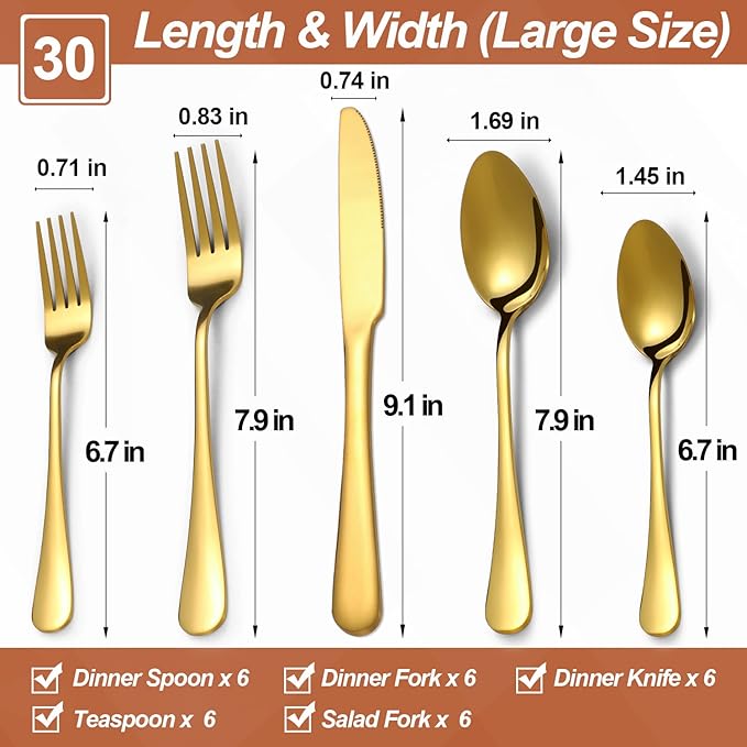 Lazycorner 30 Pcs Gold Silverware Set for 6, Food Grade Stainless Steel Flatware Set Include Fork/Knife/Spoon, Mirror Polished Eating Utensils Sets, Reusable Silverwear Cutlery Set, Dishwasher Safe