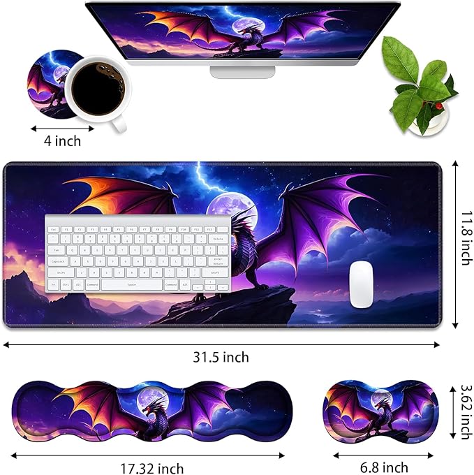 4 in 1 Ergonomic Memory Foam Mouse Pad Wrist Rest Set, Large XXL Gaming Desk Pad + Keyboard Wrist Rest + Mouse Wrist Cushion + Coaster for Home Office Study Gaming, Dragon