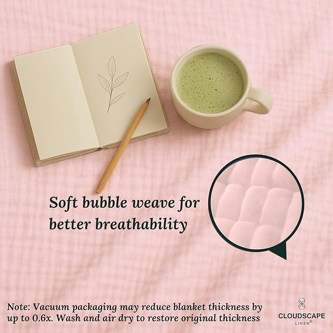 Cloud Scape Linen 100% 8 Layer Cotton Muslin Blanket King Size for Adult, Lightweight & Breathable, All Season Oversized Blanket for Bed, fits California King, 92x108, Seashell Pink