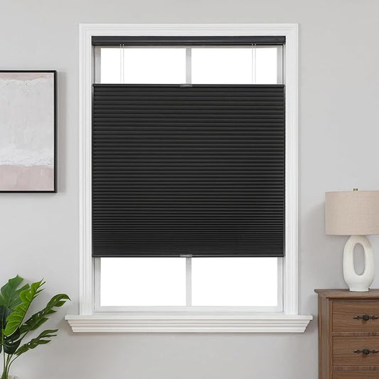 Joydeco No Tools No Drill Blinds for Indoor Windows, Cordless Window Blinds Cellular Shades Top Down Bottom Up Blackout Honeycomb Blinds Thermal Insulated Noise Reduction (Black, 31" W x 64" H)