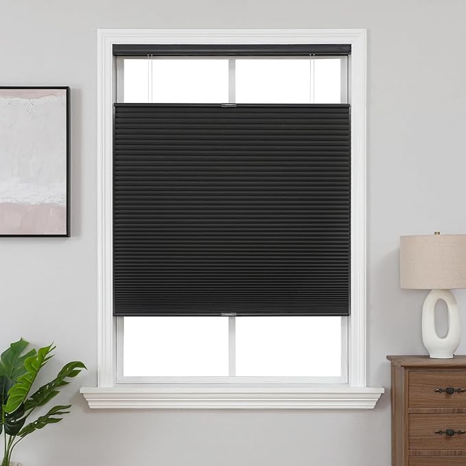 Joydeco No Tools No Drill Blinds for Indoor Windows, Cordless Window Blinds Cellular Shades Top Down Bottom Up Blackout Honeycomb Blinds Thermal Insulated Noise Reduction (Black, 35" W x 64" H)