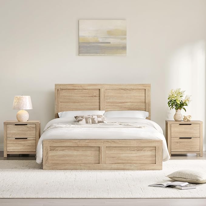 21" Farmhouse Nightstand with Charging Station 2 Drawers Large End Table with Metal Handle Rustic Low Night Stand Wood Dresser for Living Room Bedroom Closet,Natural Oak