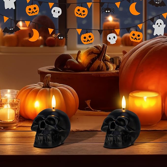Halloween Flameless Candles with Remote, Real Wax Skull Battery Operated Candles, Flickering LED Fake Candle, Halloween Decorations for Table, Fireplace, Home, Party, Festival Decor