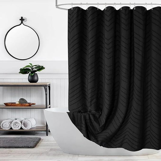 Extra Long Black Boho Shower Curtain 84 Inch Black Tufted Chevron Striped Fabric Shower Curtains for Bathroom Modern Shabby Chic Waterproof Cloth Shower Curtain Set with Hooks