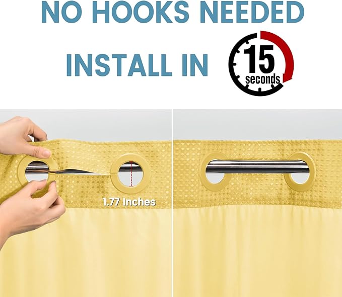 Yellow No Hook Shower Curtain with Snap in Liner,230GSM Waffle Weave Shower Curtains for Bathroom,71W x 74H