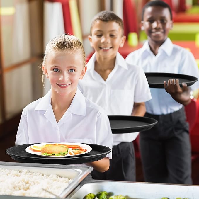 Zopeal 8 Pieces Black Round Restaurant Serving Tray, Plastic Non Slip Surface Food Meals Server Tray with Raised Edges for Home, Kitchen, Restaurant, Cafeteria, Bar (14")