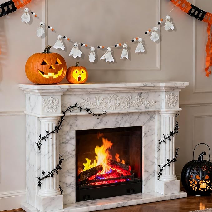 7Ft Halloween Decor Ghost Garland with Wooden Beads - Adjustable Hanging Cute Vintage Banner for Indoor Outdoor Wall Home Fireplace Mantel Spooky Party Decorations