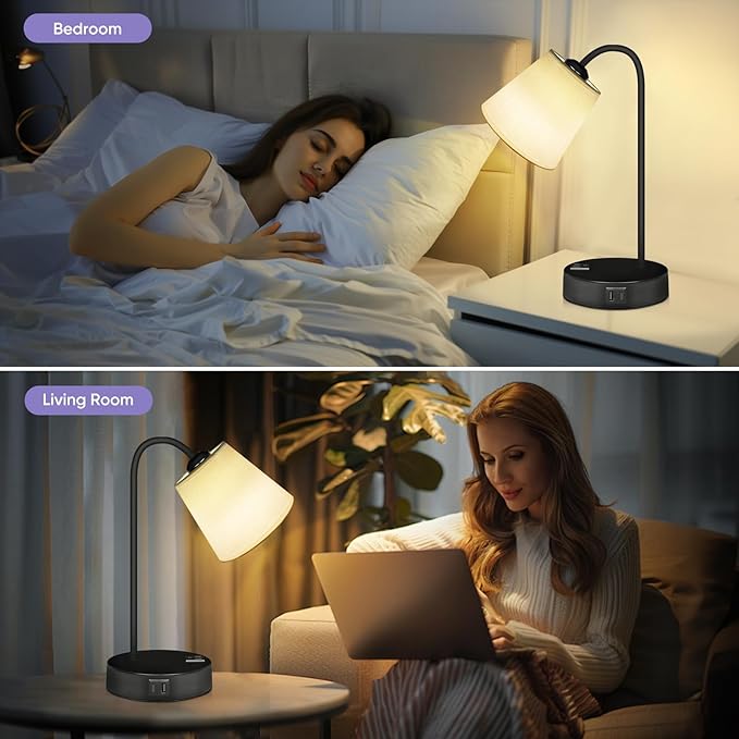 Industrial Table Lamps Set of 2 for Bedroom-3 Way Dimmable Touch Bedside Lamp for Nightstand with USB C+A Ports and Outlet,Desk Lamp with Fabric Shade for Living Room,Home,Office