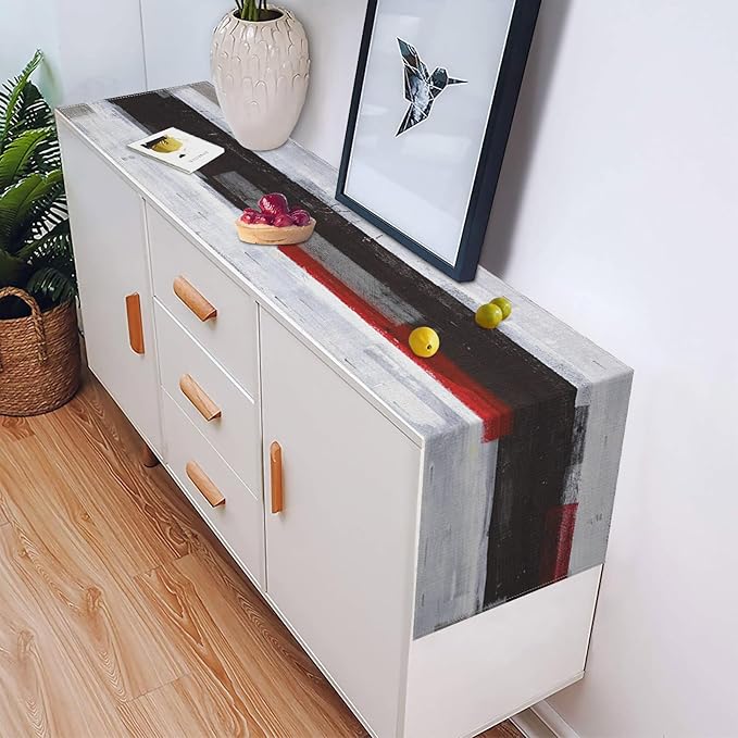 Emvency Black and White Table Runner, Modern Grey Red Art Painting for Kitchen Coffee Table Family Dinners Holiday Parties Wedding Events Decor(13x108 inch)