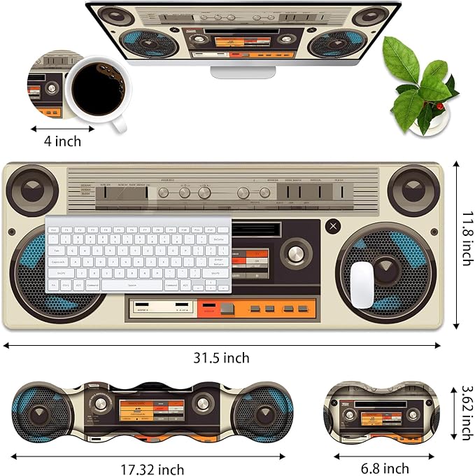 4 in 1 Ergonomic Memory Foam Mouse Pad Wrist Rest Set, Large XXL Gaming Desk Pad + Keyboard Wrist Rest + Mouse Wrist Cushion + Coaster for Home Office Study Gaming, Vintage Tape Recorder